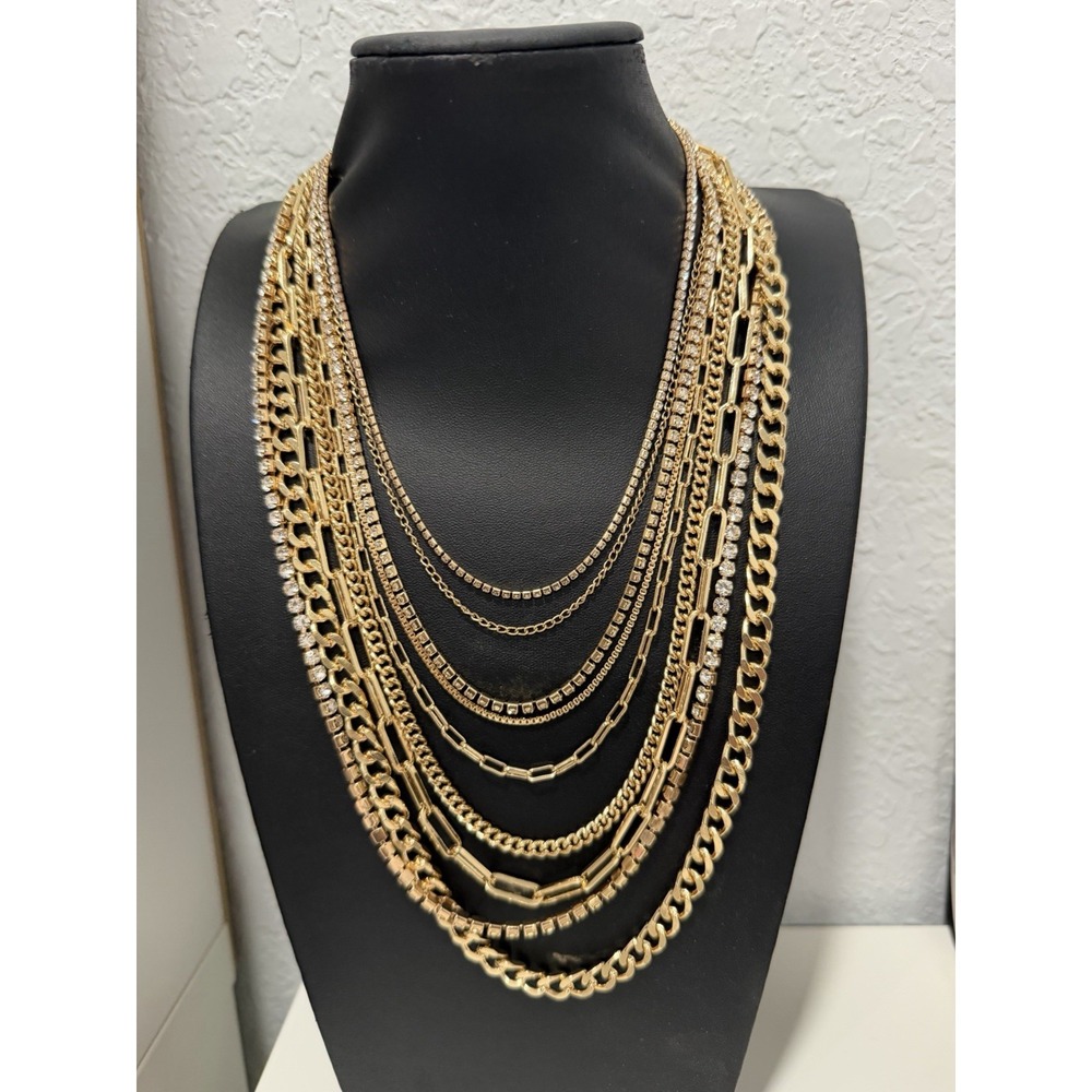 Gold Tone Multi Strand Layered Chain Necklace Rhinestone Statement 24"